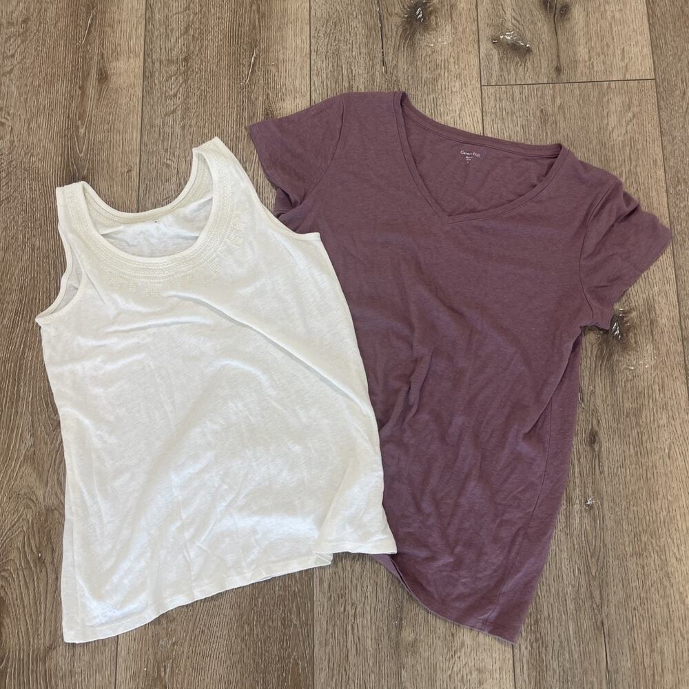 Garnett Hill Organic Linen Blend T Shirts Tank & Top LOT of 2 Wine & Cream SZ S